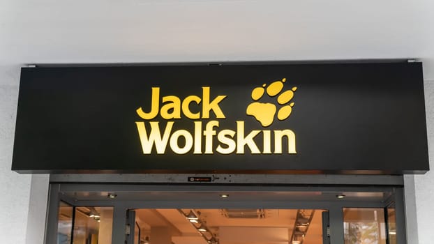 FRANKFURT, GERMANY OCTOBER, 2019: Jack Wolfskin store logo. Jack Wolfskin is a major German producer of outdoor wear and equipment headquartered in Idstein. It was founded in 1981.