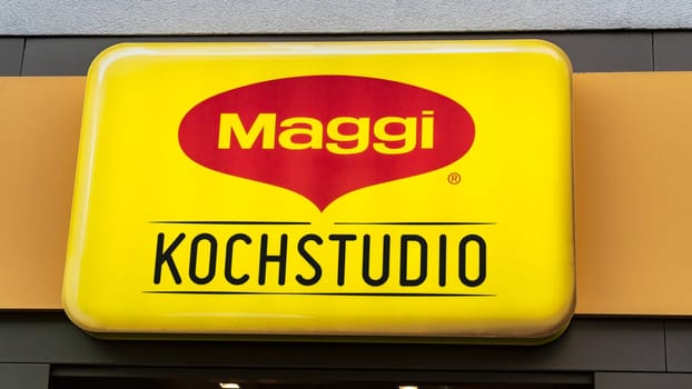 FRANKFURT/Main, GERMANY 5th OCTOBER 2019. MAGGI store logo. MAGGI , is named after its founder Julius Maggi Swiss food industry company, which is mainly known for instant soups, bouillon cubes.