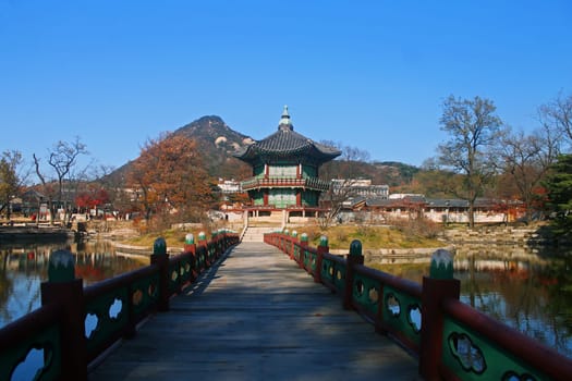 Hyangwonjeong pagoda in the middle of a lake