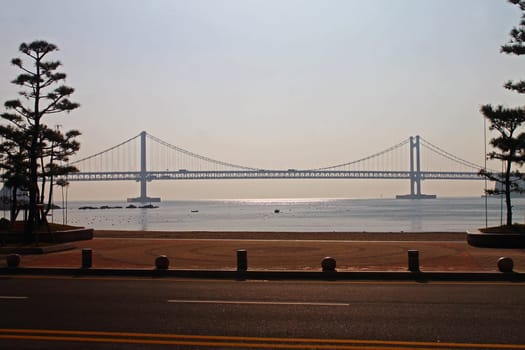 The beach and the Busan bridge in South Korea