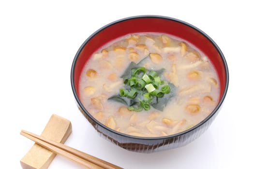 Japanese food, Miso soup of nameko mushroom and wakame on a bowl