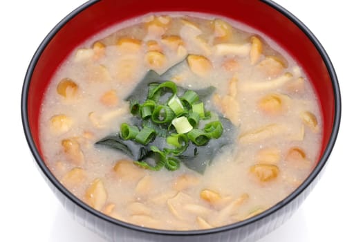 Japanese food, Miso soup of nameko mushroom and wakame on a bowl
