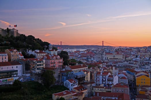 Panorama of Lisbon with the 25th of April bridge at dusk