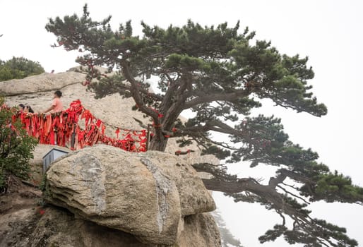 Huashan, China -  August 2019 : Tourists standing under small tree and taking pictures of themselves on a narrow ridge on a mountain trail to the West Peak on Huashan mountain, Xian, Shaanxi Province