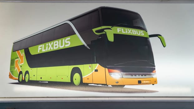 FRANKFURT, Germany - October 5th, 2019: Flixbus logo on ticket booth. Flixbus is a brand which offers intercity bus service all over Europe