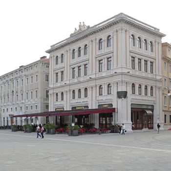 TRIESTE, ITALY - OCTOBER 13: Famous Harrys Cafe and Hotel Duchi in Trieste on OCTOBER 13, 2014. Harrys Cafe and Grand Hotel Duchi D Aosta at Unity of Italy Square in Trieste, Italy.