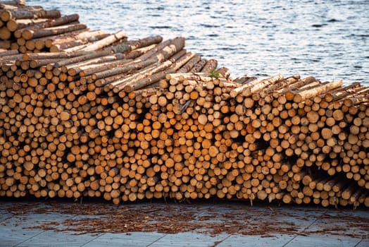 Stacks of wooden logs at docks ready to be shipped