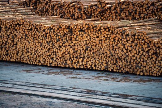 Stacks of wooden logs at docks ready to be shipped