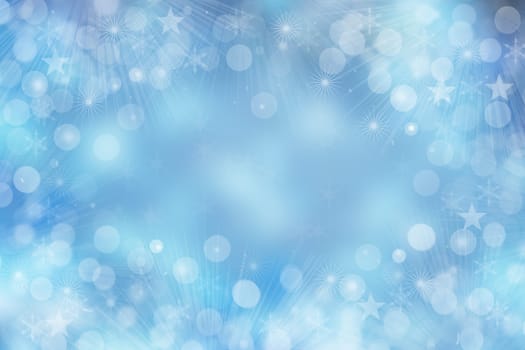 Christmas card template. Abstract festive light blue white winter christmas or New Year background texture with blurred bokeh lights and stars. Copy space for design.