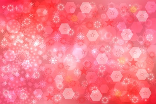 Abstract blurred festive light red pink white winter christmas or Happy New Year background texture with white bokeh circles and stars. Card concept.