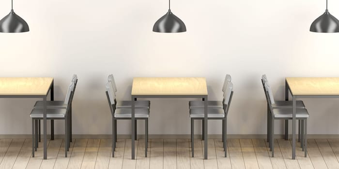 Modern restaurant interior with wood tables and gray leather chairs