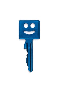 Blue metallic key with smiley face isolated on white background