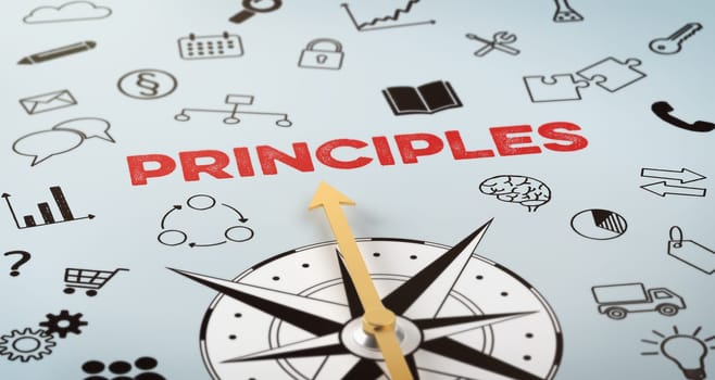 A compass with text and icons - Principles