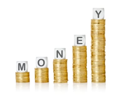 Golden coin stacks with letter dice - Money