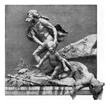 Bear hunting in prehistoric times, vintage engraved illustration. From the Universe and Humanity, 1910..