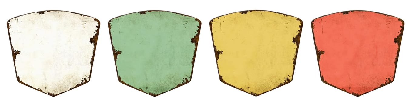 Four empty vintage tin signs on a white background