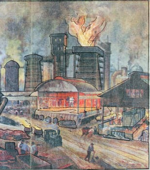 Overview of a foundry, vintage engraved illustration. From the Universe and Humanity, 1910..