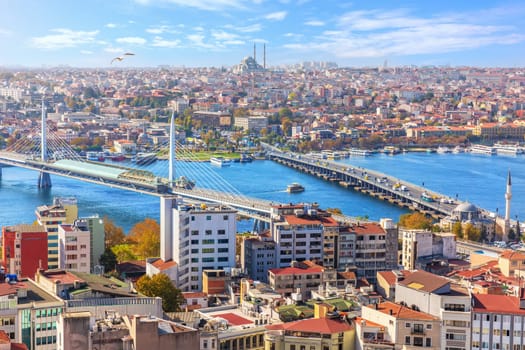 View on the Halic metro Bridge, the Ataturk Bridge and the Sultanahmet district of Istanbul.