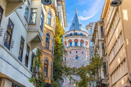 Galata Tower in the wonderful old street of Istanbul, Turkey.
