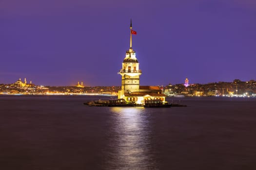Maiden's Tower of Istanbul in evening lights, Tirkey.