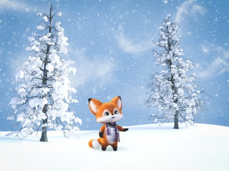 3D rendering of an adorable cute happy furry cartoon fox standing with snow in its hand and looking at the snow in the air. Snowy background.
