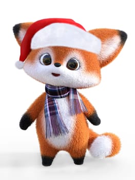 3D rendering of an adorable cute happy furry cartoon fox wearing a Santa hat and a scarf. White background.