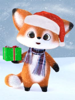 3D rendering of an adorable cute happy furry cartoon fox wearing a Santa hat and scarf, holding a Christmas gift. Snowy background.