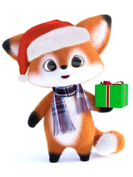 3D rendering of an adorable cute happy furry cartoon fox wearing a Santa hat and scarf, holding a Christmas gift. White background.