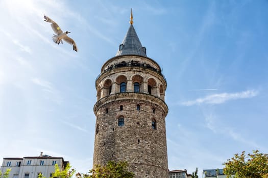 Galata Tower in the blue sky of Istanbul.