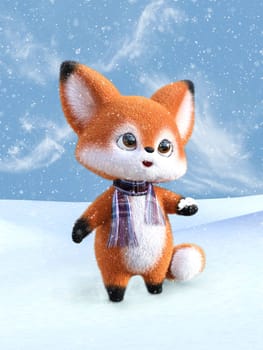 3D rendering of an adorable cute happy furry cartoon fox standing with snow in its hand and looking at the snow in the air. Snowy background.