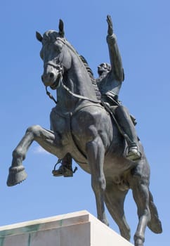 Seville, Spain - April 16th, 2019: Equestrian sculpture of The Liberator Simon Bolivar by Emilio Luiz Campos in Seville, Andalusia, Spain