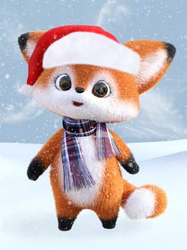 3D rendering of an adorable cute happy furry cartoon fox wearing a Santa hat and a scarf, standing in snow. Snowy background.