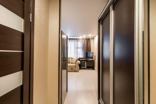 Russia, Moscow- June 26, 2019: interior room apartment. standard repair decoration in hostel