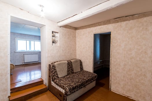 Russia, Moscow- June 26, 2019: interior room apartment. standard repair decoration in hostel. old not modern decor