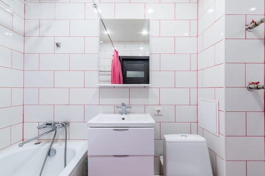 Russia, Moscow- June 26, 2019: interior room apartment. standard repair decoration in hostel. bathroom and toilet