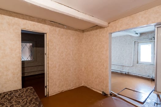 Russia, Moscow- June 26, 2019: interior room apartment. standard repair decoration in hostel. old not modern decor