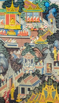 BANGKOK ,THAILAND - NOVEMBER 5, 2014 : Ancient Buddhist temple mural painting of the life of Buddha inside of Wat Pho in Bangkok, Thailand