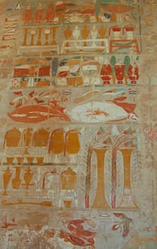 Detailed and colorful murals in Hatshepsut temple, Egypt
