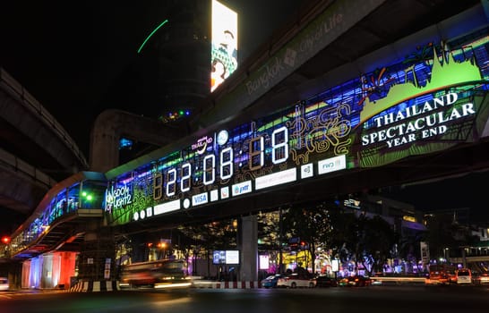 BANGKOK, THAILAND - DECEMBER 21, 2015 : Thailand Kingdom of light festival 2015 on BTS Skywalk at Ratchaprasong intersection in Bangkok, Thailand