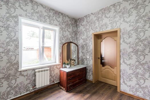 Russia, Moscow- June 26, 2019: interior room apartment. standard repair decoration in hostel. old not modern decor