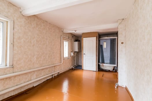 Russia, Moscow- June 26, 2019: interior room apartment. standard repair decoration in hostel. old not modern decor