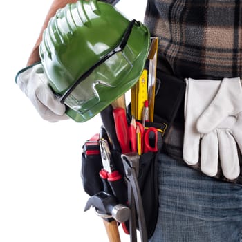 Carpenter isolated on a white background  he wears leather work gloves, he is holding his helmet and protective goggles. Work tools industry construction and do it yourself housework. Stock photography.