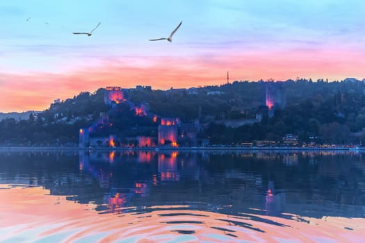 Rumelian Castle in the sunset colours and evening lights, Istanbul.