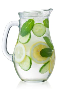 Pitcher of iced detox Sassy water with lemon, isolated