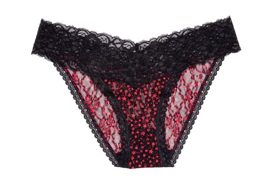 Underwear woman isolated. Close-up of a luxurious elegant black red lacy thongs panties isolated on a white background. Underwear women fashion.