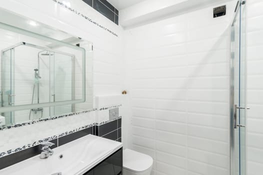Russia, Moscow- June 26, 2019: interior room apartment. standard repair decoration in hostel. bathroom and toilet