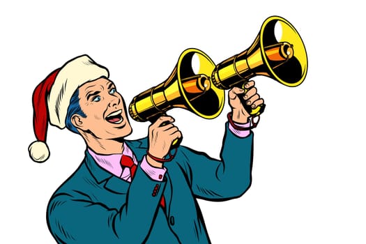 Christmas sale. Businessman advertises with megaphone. Pop art retro vector illustration kitsch vintage 50s 60s