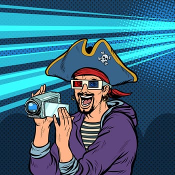 pirate shoots and watches adventure movies. Pop art retro vector illustration kitsch vintage 50s 60s