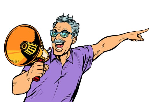 an elderly man with a megaphone. Pop art retro vector illustration drawing vintage kitsch