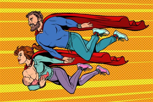 dad mom and baby heroes are flying. the mother feeds the child breast milk. Pop art retro vector illustration kitsch vintage
